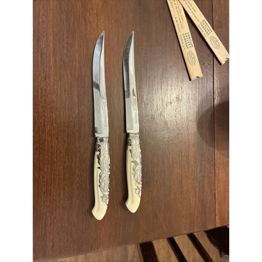 VTG Camillus Cutlery 50's Decorative Handles Steak Knife Set of 3 In Sheath